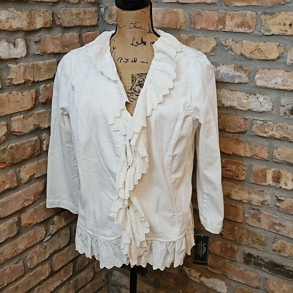 NWT LRL Lauren Jeans white denim jacket with eyelet trim size 16 - Picture 2 of 13